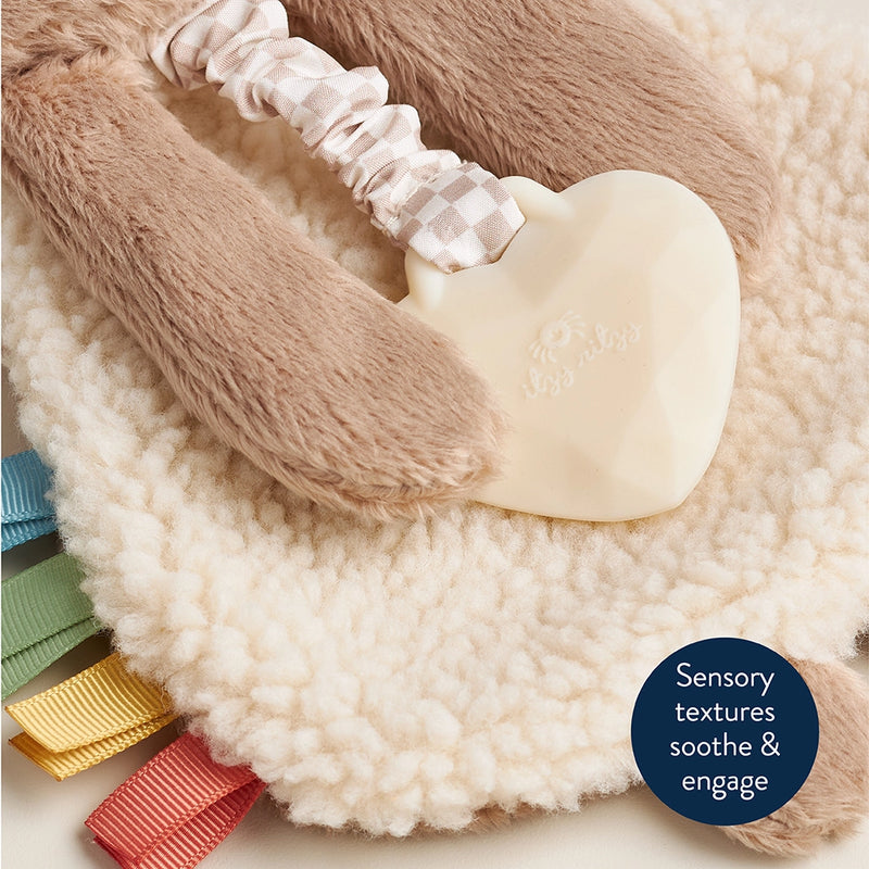 Close-up of the heart-shaped silicone teether, Sherpa fabric and textured ribbons on the Theo the Bear lovey