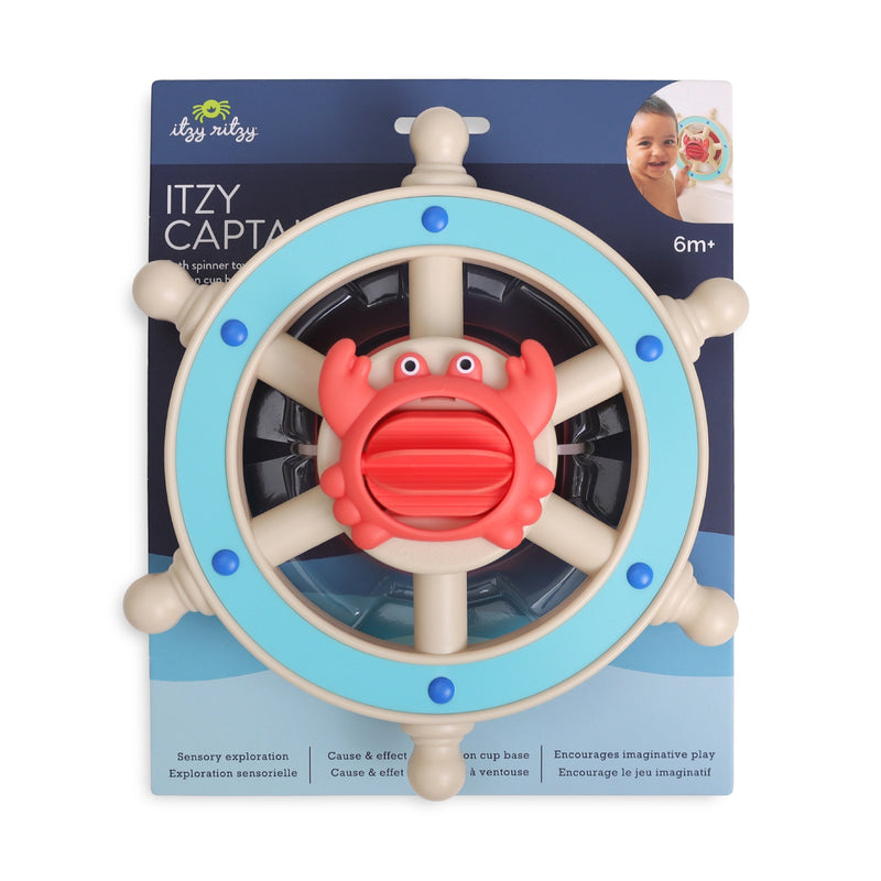 Toy steering wheel with a crab design on its packaging, featuring the brand 'Itzy Ritzy'.
