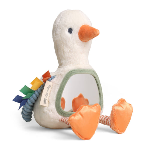 Plush toy duck with a textured rattle on a white background