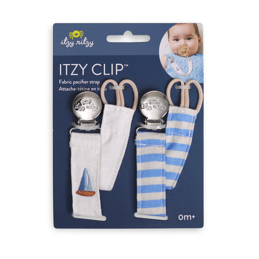 ITZY CLIP pacifier strap packaging with two straps on a blue background