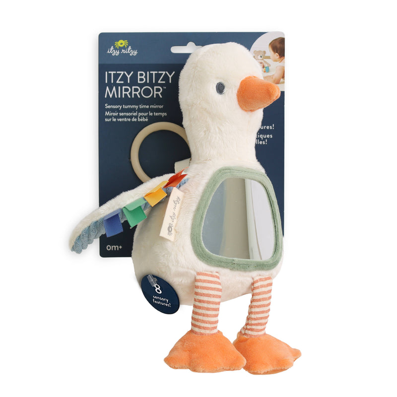 Plush toy duck with mirror on a white background