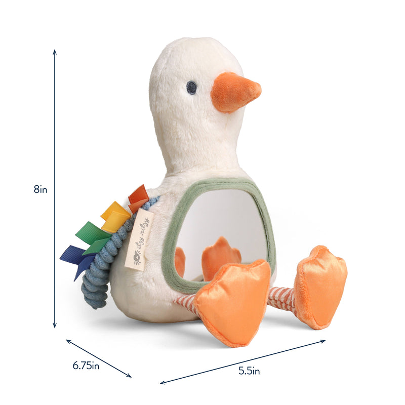 Plush duck toy with colorful textures and dimensions displayed