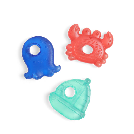Three colorful silicone teethers shaped like an octopus, crab, and fish on a white background.