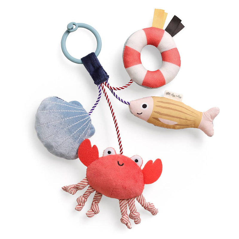 Plush toy with a crab, fish, shell, and life buoy on a white background