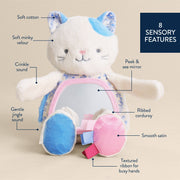 Stuffed cat toy with sensory features labeled on a beige background