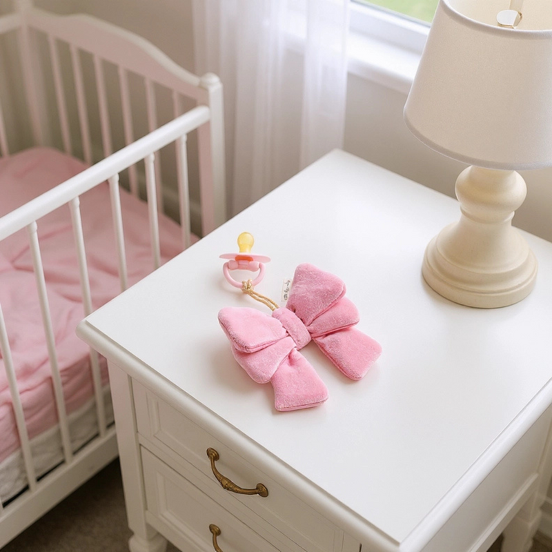 Pink bow toy and pacifier on a white nightstand next to a crib in a nursery.