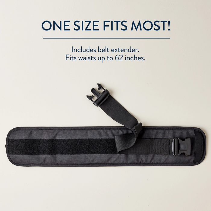 Black belt with extender on a light gray background, featuring text about size inclusivity.