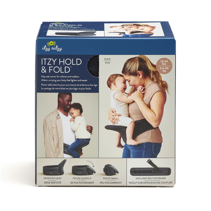 Box of Itzy Hold & Fold baby carrier with images of a woman holding a baby and a man and child.
