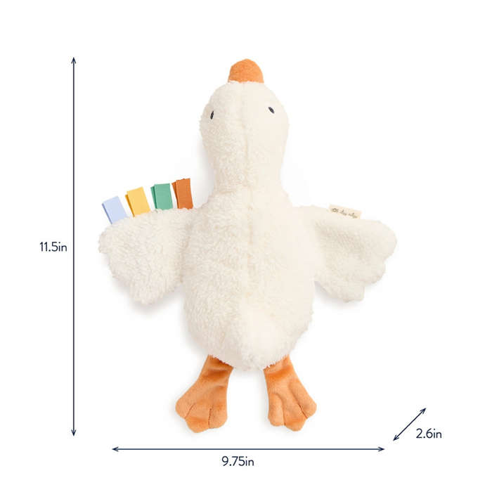 Plush toy duck with measurements on a white background