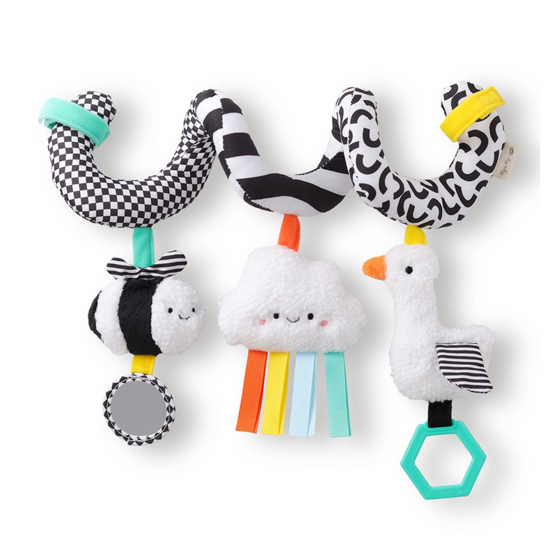 Itzy Ritzy spiral car seat activity toy with high-contrast patterns, mirror, and dangling sensory elements