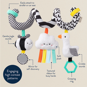 Feature graphic showing labeled sensory elements of the spiral activity toy including mirror, ribbons, and textured fabrics