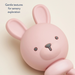 Pink bunny toy with text 'Gentle textures for sensory exploration' on a beige background