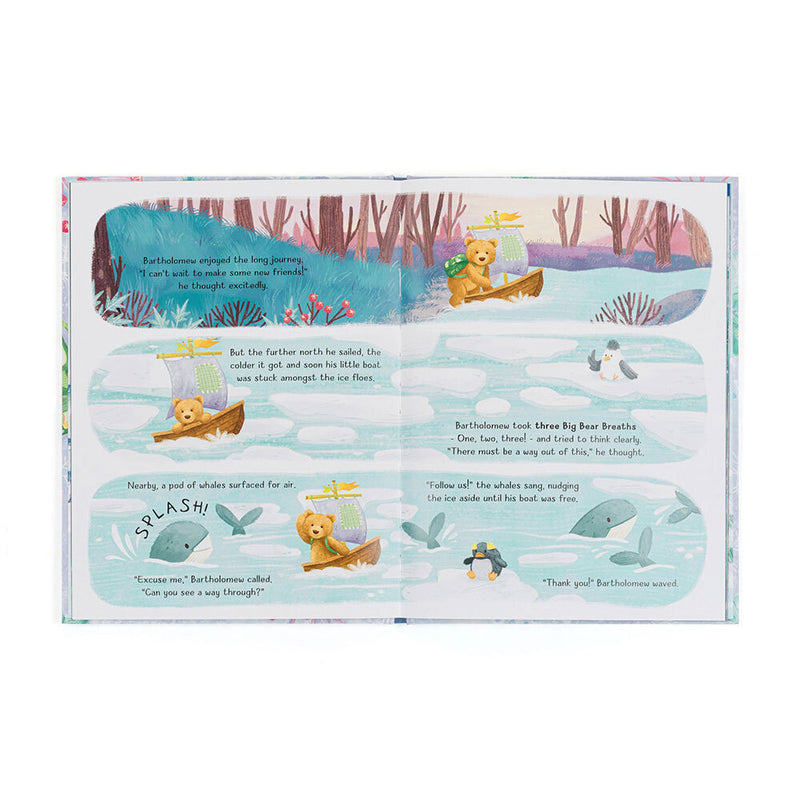 open book spread with winter scenes and bartholomew bear by icy water