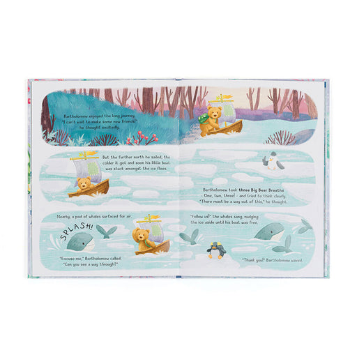 open book spread with winter scenes and bartholomew bear by icy water