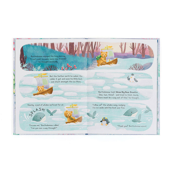 open book spread with winter scenes and bartholomew bear by icy water