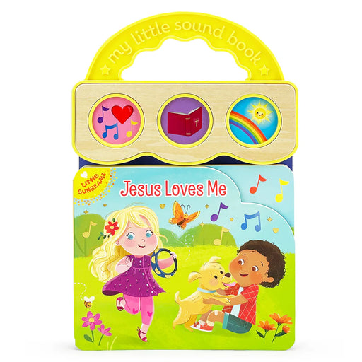 Children's book titled 'Jesus Loves Me' with colorful illustrations and sound buttons on a white background.
