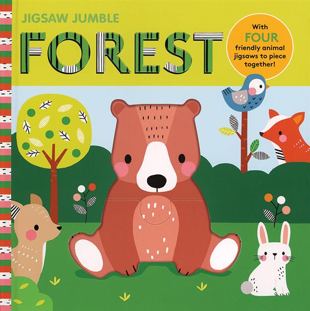 Cover of Jigsaw Jumble Forest showing an illustrated bear surrounded by forest animals including a deer, fox, bird, and rabbit