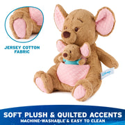 Close-up of Kanga and Roo plush showing jersey cotton quilted ear, foot, and pouch accents