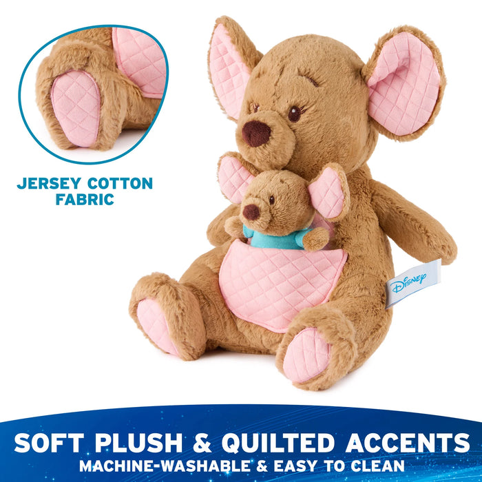 Close-up of Kanga and Roo plush showing jersey cotton quilted ear, foot, and pouch accents
