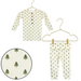 Children's long-sleeve shirt and pants with tree pattern on hangers against a white background.