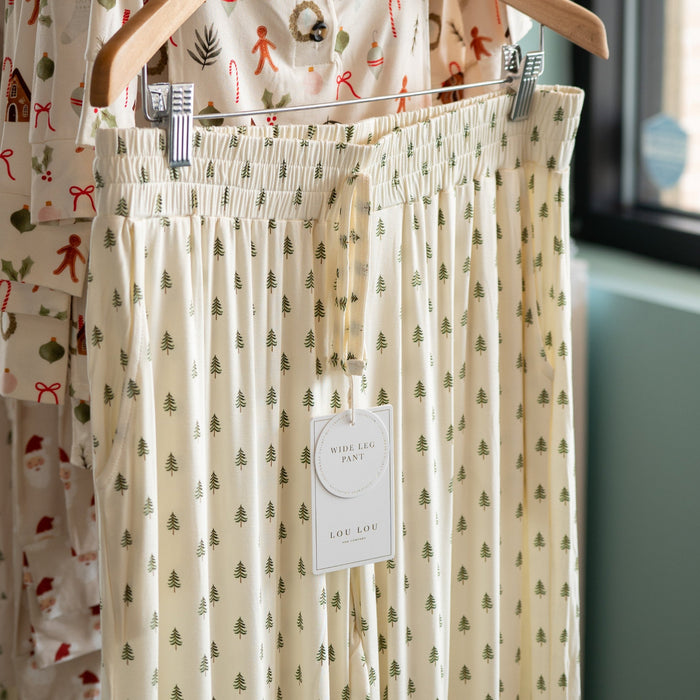 womens wide leg pajama pant by lou lou and company with a christmas tree pattern
