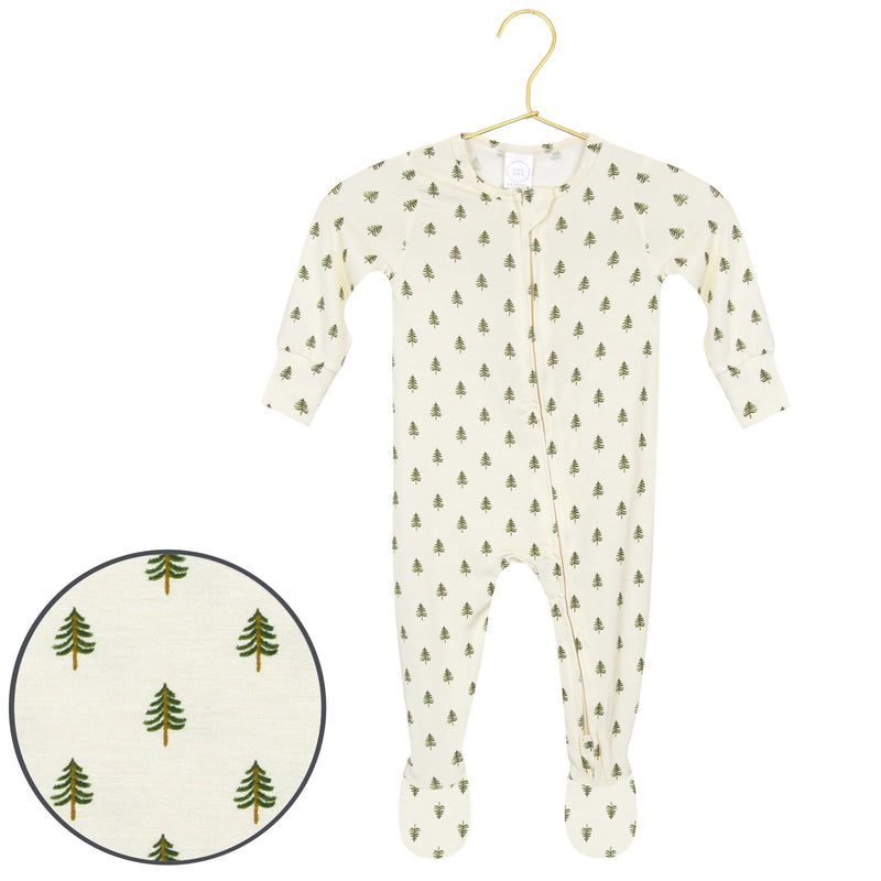 Lou Lou & Co Kevin zipper footie with small green Christmas tree print on a hanger, with print close-up