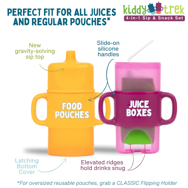 KiddyTrek 4-in-1 Sip & Snack Set with yellow 'Food Pouches' container and pink 'Juice Boxes' container on a white background.