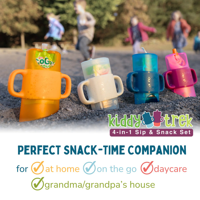 Colorful sippy cups with snacks on a sandy surface, featuring 'kiddy trek' brand.