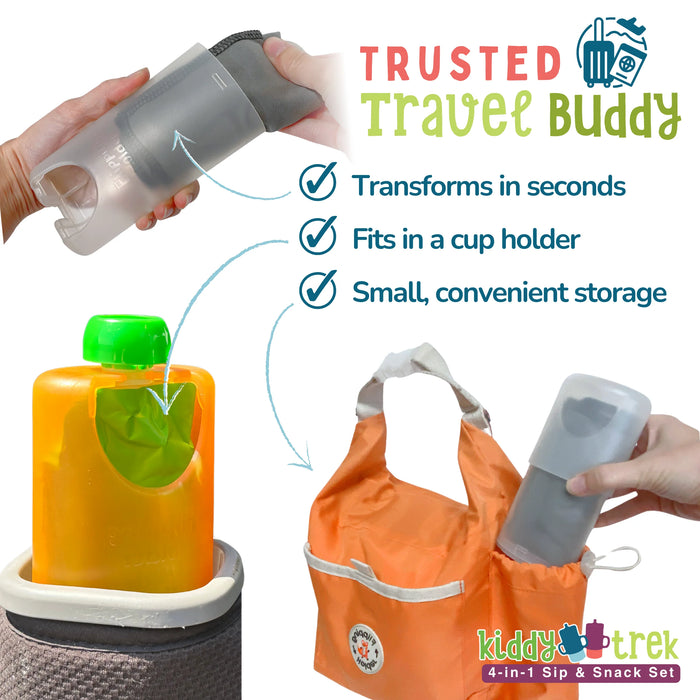 Kiddy Trek 4-in-1 Sip & Snack Set with a hand holding a cup, a pouch, and a container.