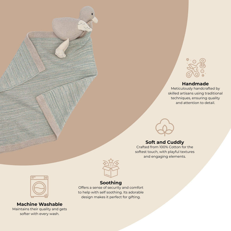 Baby blanket with plush toy on a beige background, featuring text about product features.