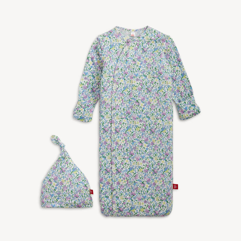 Baby open-bottom magnetic gown with lavender floral print and matching knotted hat
