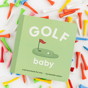 Golf Baby board book surrounded by colorful golf tees