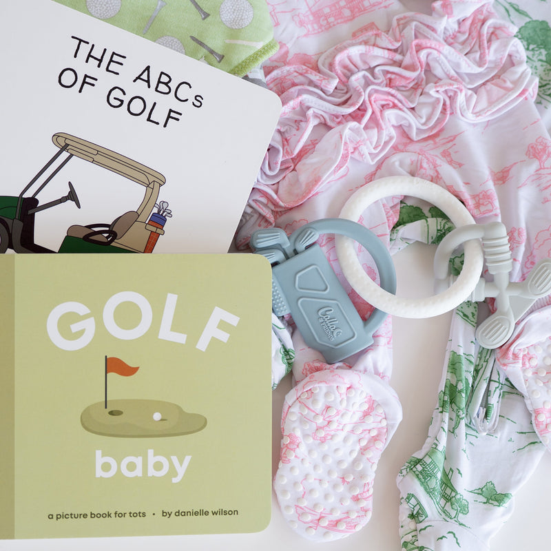 Golf Baby and The ABCs of Golf board books in a golf-themed baby gift bundle