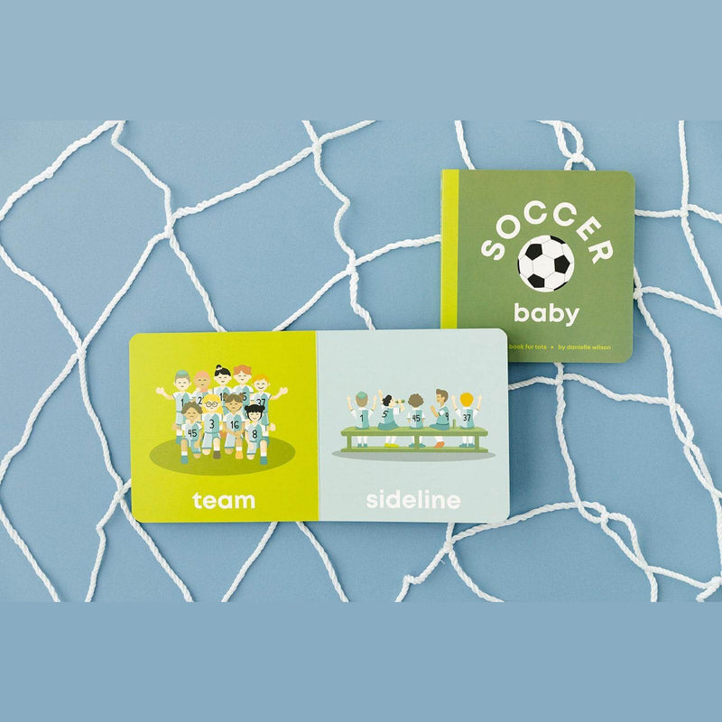 Soccer Baby board book open to the team and sideline pages