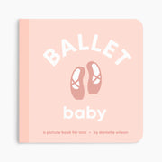 Book titled 'Ballet Baby' with ballet shoes illustration on a pink background