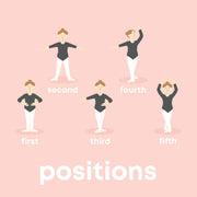 Illustrations of a dancer in various positions on a pink background
