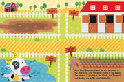 Colorful farm scene with animals and structures on a tiled pattern
