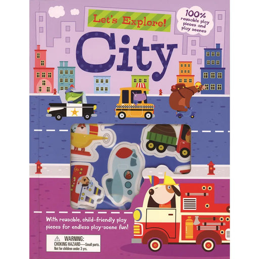 Children's book cover titled 'City' with colorful illustrations of vehicles and buildings on a purple background.