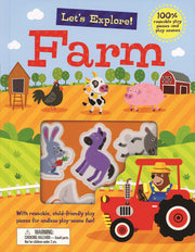 Children's book cover titled 'Let's Explore! Farm' with farm-themed illustrations and toys.