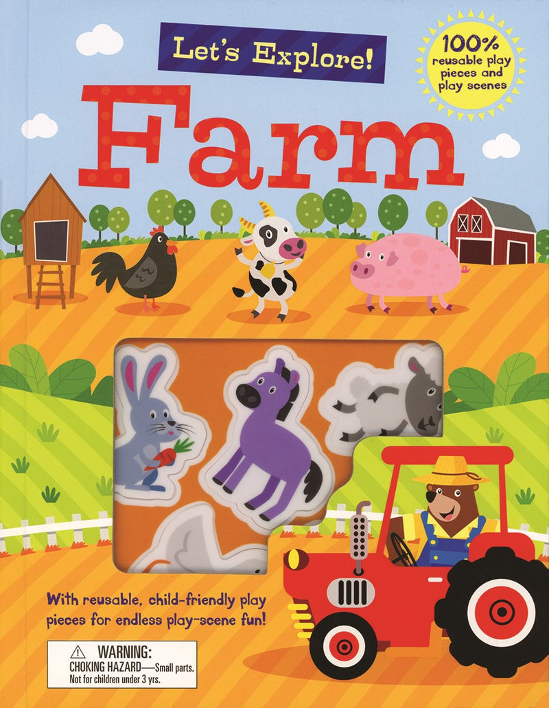 Children's book cover titled 'Let's Explore! Farm' with farm-themed illustrations and toys.