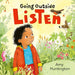 Book cover of 'Going Outside Listen' by Amy Huntington with a child in a garden and animals.