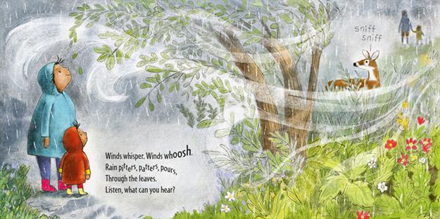 Illustration of two children in raincoats looking at a deer through a fence, with a poem about nature sounds.