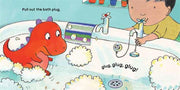 Interior pages showing a child preparing a bubble bath while the little dinosaur watches from the tub