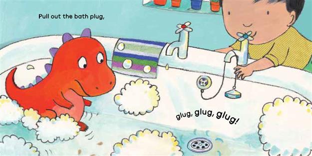 Interior pages showing a child preparing a bubble bath while the little dinosaur watches from the tub