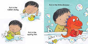 Interior pages showing the child and dinosaur engaging in bath time with bubbles and playful illustrations