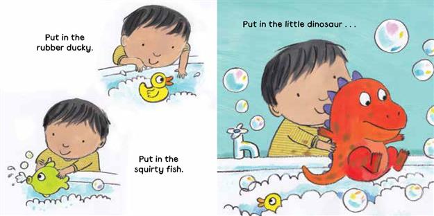 Interior pages showing the child and dinosaur engaging in bath time with bubbles and playful illustrations