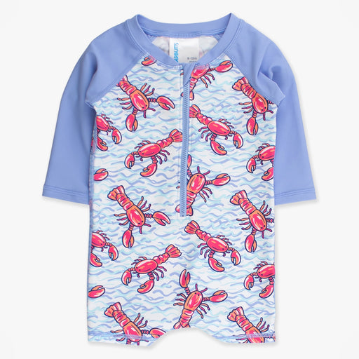 Baby swimsuit with lobster pattern on a light blue background