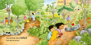 Illustration of children in a garden with trees and animals
