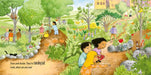 Illustration of children in a garden with trees and animals