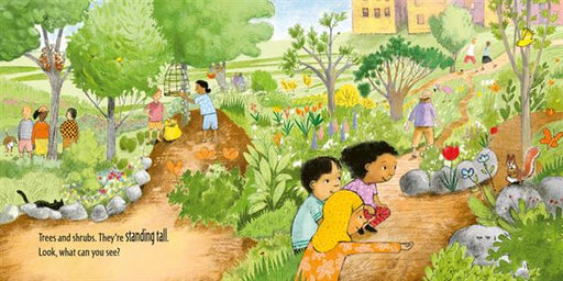 Illustration of children in a garden with trees and animals